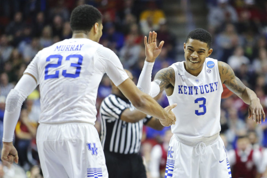Guard Tyler UIis and Guard Jamal Murray of the Kentucky Wildcats high fives after a foul during the NCAA Tournament second round game against the Indiana Hoosiers at Wells Fargo Arena on Saturday, March 19, 2016 in Des Moines, Iowa. Kentucky fell to Indiana 73-67. Photo by Michael Reaves | Staff.
