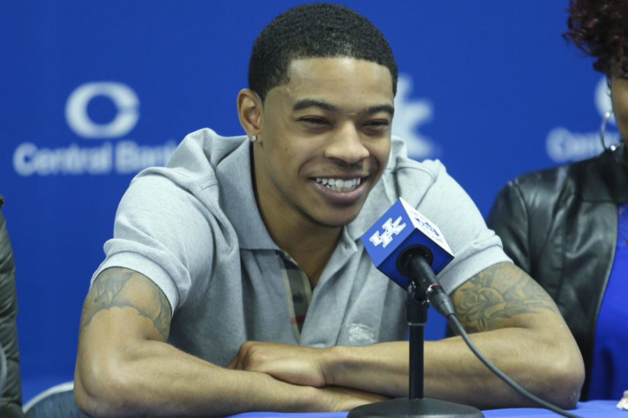 UK guard Tyler Ulis announces he will enter the NBA draft and sign an agent during a press conference at Memorial Coliseum in Lexington, Ky. on Wednesday, April 6, 2016. Photo by Michael Reaves | Staff.