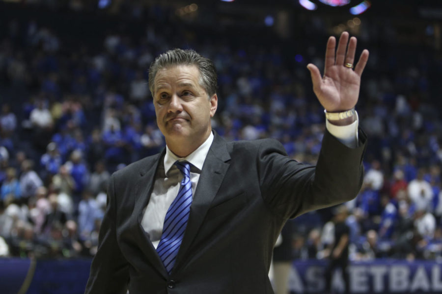 Head coach John Calipari of the Kentucky Wildcats waves goodbye to the crowd as he walks off the court after the game against the Georgia Bulldogs at the SEC Tournament at Bridgestone Arena in Nashville, TN, on Saturday, March 12, 2016. Kentucky defeated Georgia 93-80 to advance to the SEC Championship game tomorrow against the Texas A&M Aggies. Photo by Michael Reaves | Staff.