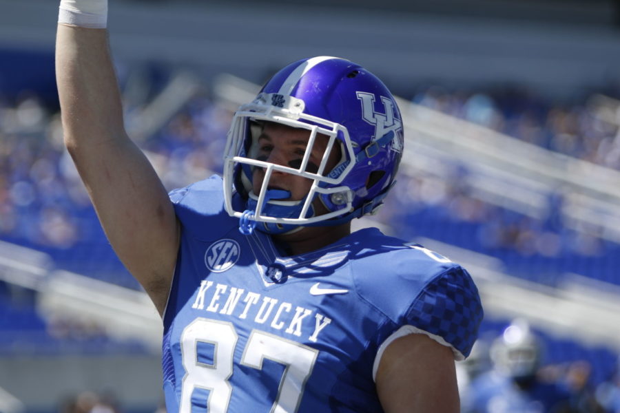 Tight end, C.J Conrad (87) celebrates a touchdown during the UK Football annual spring football game at Commonwealth Stadium. Saturday, April 16, 2016 in Lexington, Ky. Photo by Joel Repoley | Staff.