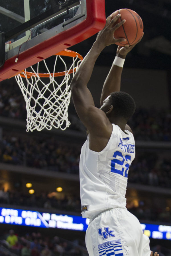 Forward Alex Poythress of the Kentucky Wildcats goes up for a dunk during the NCAA Tournament first round game against the Stony Brook Seawolves at Wells Fargo Arena on Thursday, March 17, 2016 in Des Moines, Iowa. Photo by Michael Reaves | Staff.