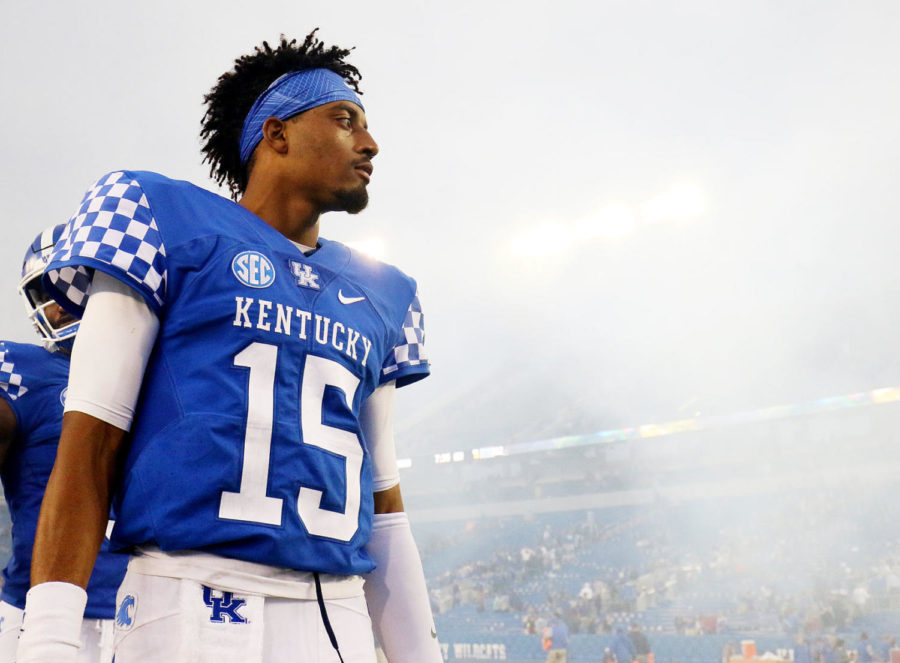 Kentucky quarterback Stephen Johnson walking off the field after the victory against New Mexico State at Commonwealth Stadium in Lexington, Ky. on Saturday, September 17, 2016. Photo by Josh Mott | Staff.