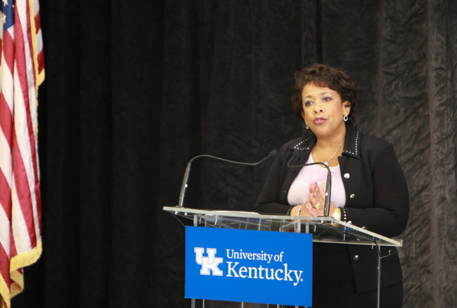 U.S. Attorney General Loretta Lynch talks about the commonwealths heroin epidemic at UKs College of Pharmacy in Lexington, Ky., on Tuesday, Sept. 20. Photo by Joshua Qualls | Staff