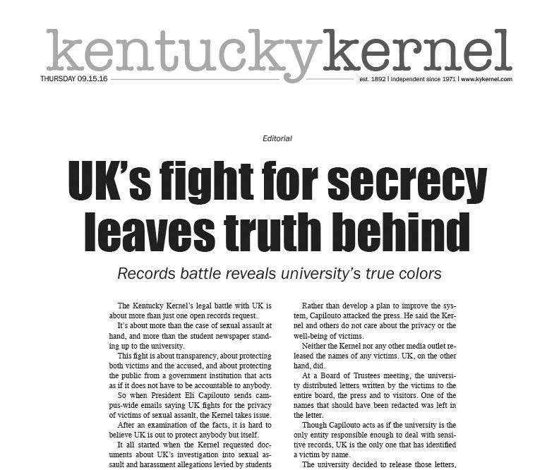 The Kentucky Kernels front page on Sept. 15, 2016. 