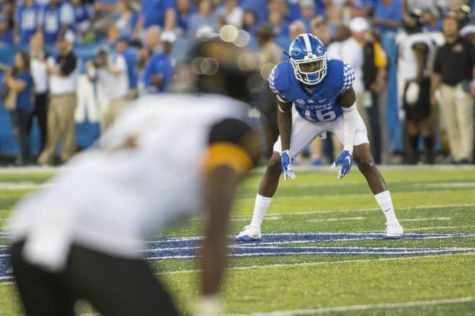 Safety Marcus Walker lines before a punt during the Wildcat's game against the Southern Miss Golden Eagles at Commonwealth Stadium on September 2, 2016 in Lexington, Kentucky.