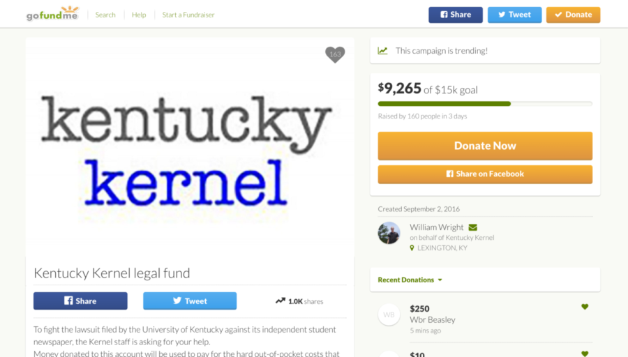 A+screenshot+taken+Tuesday+afternoon+shows+the+Kentucky+Kernels+campaign+has+over+%249%2C000+from+160+donors.