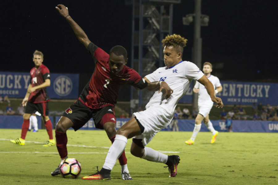 Goal scorer, Noah Hutchins, drives towards the endline during the match against Louisville on Tuesday, September 6, 2016 in Lexington, Ky. Kentucky won the match 1-0. Photo by Carter Gossett | Staff