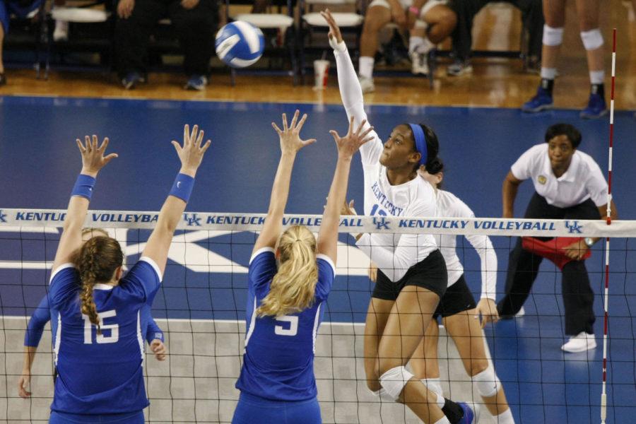 Outside hitter Leah Edmond attacks the ball during the match against Saint Louis on Saturday, September 10, 2016 in Lexington, Ky. Kentucky won the match 3-0. Photo by Hunter Mitchell | Staff