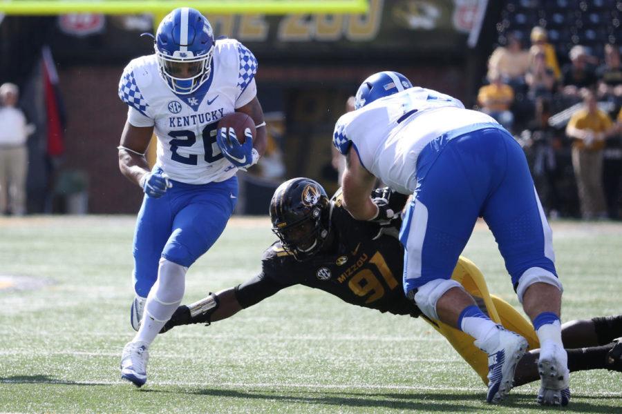 Benny Snell Jr. The University of Kentucky football team beat Missouri 35-21 at Faurot Field in Columbia, Mo., on Saturday, October 29, 2016. Photo by Chet White | UK Athletics
