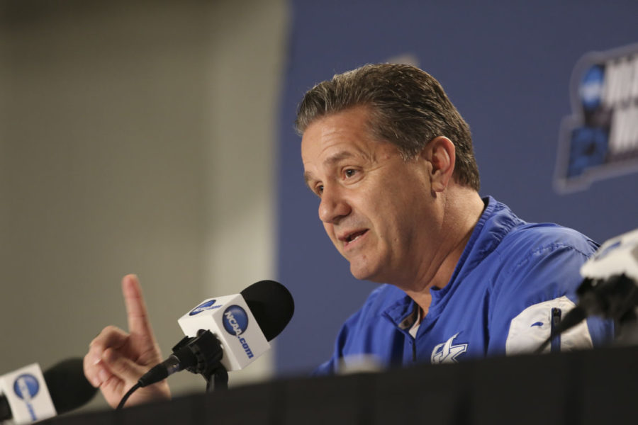 Head coach John Calipari of the Kentucky Wildcats talk to the media during interviews and open practice prior to their first round game of the NCAA Tournament against the Stony Brook Seawolves at Wells Fargo Arena in Des Moines, Iowa on Wednesday, March 16, 2016. Photo by Michael Reaves | Staff.
