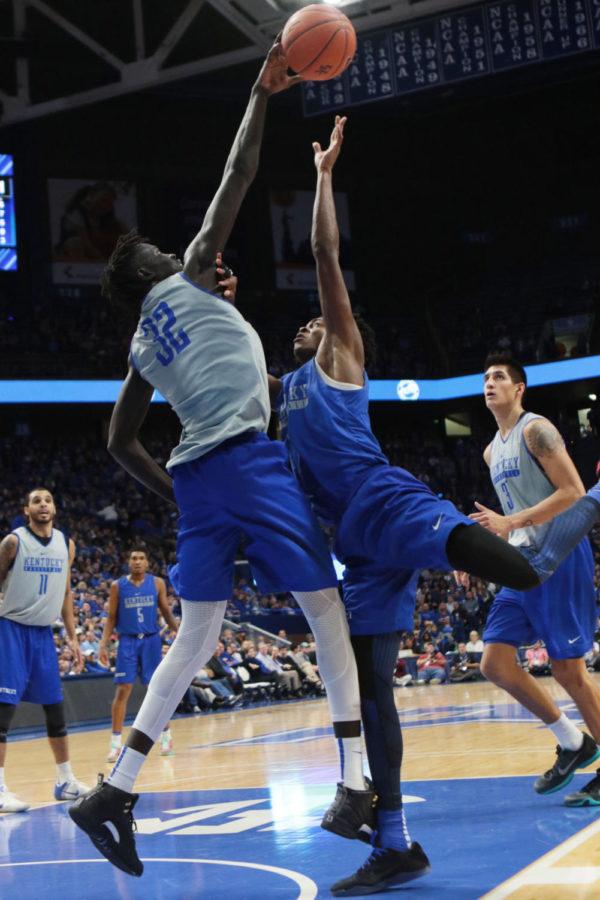 Freshman forward Kenyan Gabriel blocks DeAaron Fox during the Blue and White Scrimmage on Friday, October 21, 2016 in Lexington, Ky. Photo by Carter Gossett | Staff