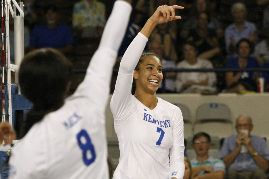 Middle blocker Kaz Brown (7) celebrates after dumping the ball over the net during the match against the Georgia Bulldogs on Wednesday, September 21, 2016 in Lexington, Ky. Kentucky won the game 3-0. Photo by Hunter Mitchell | Staff