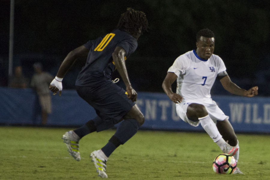 Naps Matsoso dribbles the ball during the game against Eastern Tennessee State on Wednesday, September 21, 2016 in Lexington, Ky. Kentucky won the match in extra time 1-0. Photo by Carter Gossett | Staff