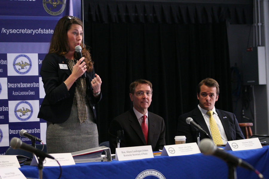 Kentucky Secretary of State Alison Lundergan Grimes addresses Buck Ryans journalism 101 class about the importance of citizen participation in politics on Wednesday, March 6, 2013 in the Cats Den at UK in Lexington, Ky. Photo by Adam Pennavaria | Staff