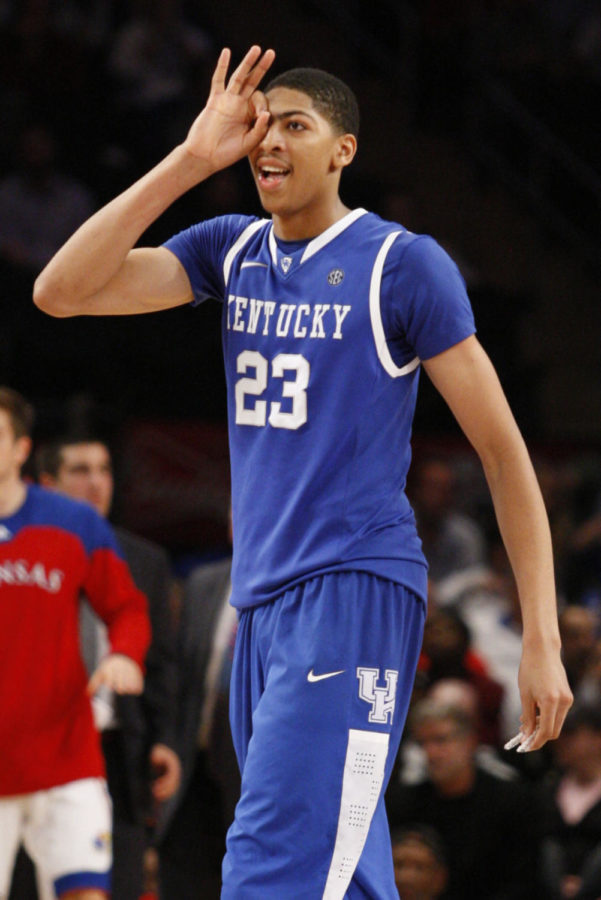 Anthony Davis throws up the three goggles in the second half of the University of Kentucky game against Kansas University in the Champions Classic, at Madison Square Garden, in New York, Ny., on Tuesday, Nov. 15, 2011. Davis finished the game with 14 points. Photo by Latara Appleby | Staff .