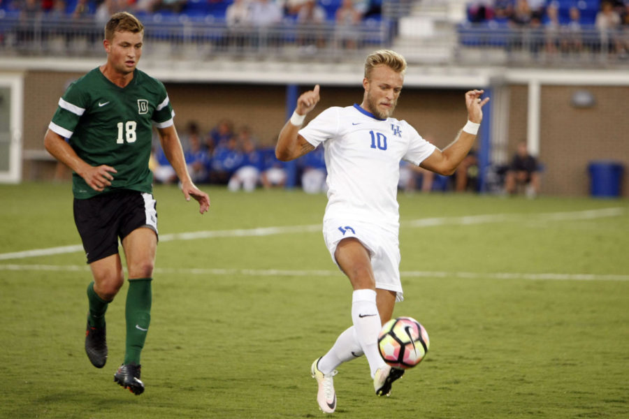 Junior midfielder Hampus Agerstrom takes possession of the ball during the match agains Dartmouth on Friday, September 2, 2016 in Lexington, Ky. The match was tied 1-1. Photo by Hunter Mitchell | Staff