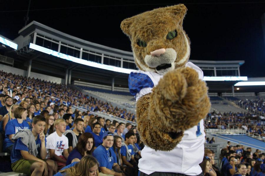 The Wildcat mascot helps pump up students during Big Blue U at Commonwealth Stadium in Lexington , Ky., on Friday, August 23, 2013. Photo by Eleanor Hasken | Staff
