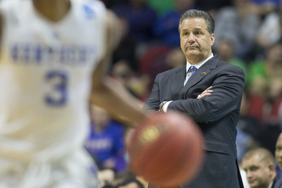 Head+coach+John+Calipari+of+the+Kentucky+Wildcats+looks+on+during+the+NCAA+Tournament+first+round+game+against+the+Stony+Brook+Seawolves+at+Wells+Fargo+Arena+on+Thursday%2C+March+17%2C+2016+in+Des+Moines%2C+Iowa.+Photo+by+Michael+Reaves+%7C+Staff.