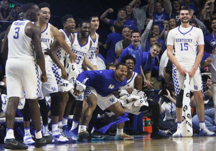 The+team+celebrates+a+Brad+Calipari+3+pointer+during+the+game+against+Clarion+on+Sunday%2C+October+30%2C+2016+in+Lexington%2C+Ky.+Photo+by+Carter+Gossett+%7C+Staff