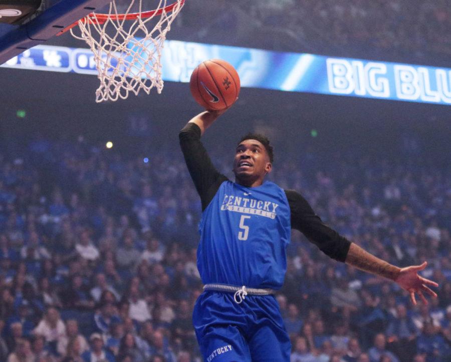 Malik Monk goes up for a dunk during Big Blue Madness on Friday, October 14, 2016 in Lexington, Ky.