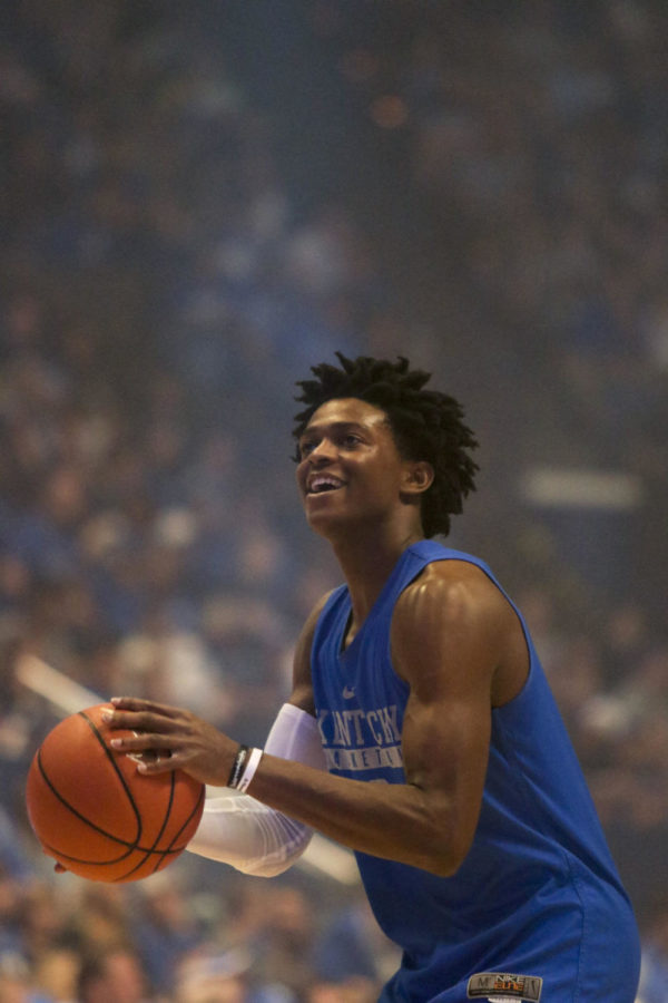 DeAaron Fox shoots during warm up drills during Big Blue Madness on Friday, October 14, 2016 at Rupp Arena in Lexington, Ky..