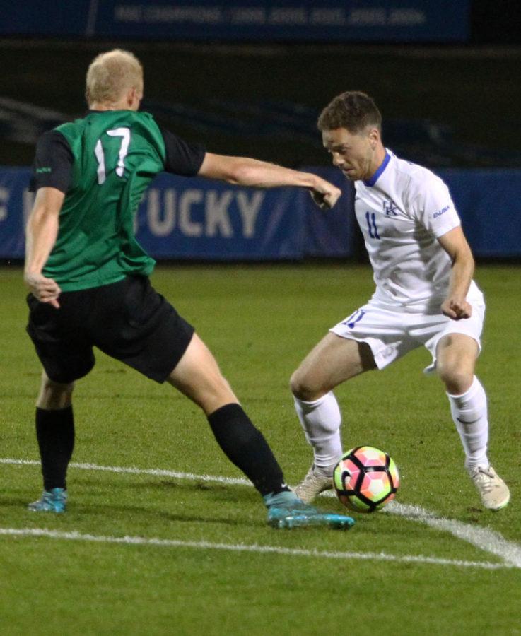 Senior forward Sam Miller puts a defender on skates during the match against Marshall on Sunday, October 30, 2016 in Lexington, Ky. Photo by Quinn Foster | Staff