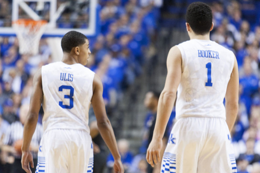 Guards Tyler Ulis and Devin Booker of the Kentucky Wildcats enter the game during the game against the Missouri Tigers at Rupp Arena on Tuesday, January 13, 2015 in in Lexington, Ky. Kentucky defeated Missouri 86-37. Photo by Michael Reaves | Staff