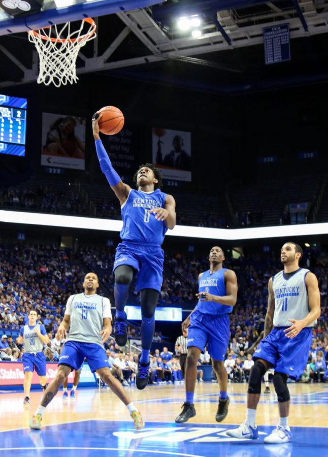 Freshman guard DeAaron Fox scores a basket during the Blue and White Scrimmage at Rupp Arena on Friday, October 21, 2016 in Lexington, Ky. Blue Team defeated the White Team 110-94. Photo by Lydia Emeric | Staff 