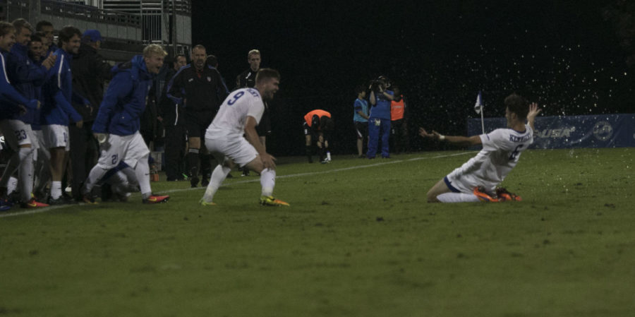 Kaelon+Fox+celebrates+his+game+tying+goal+with+teammates+during+the+match+against+Lipscomb+on+Wednesday%2C+September+28%2C+2016+in+Lexington%2C+Ky.+Kentucky+tied+the+game+1-1.+Photo+by+Carter+Gossett+%7C+Staff