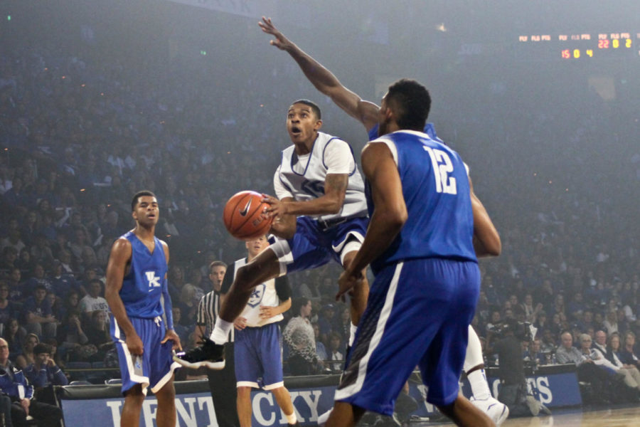 Freshman guard Tyler Ulis attacks the basket during Big Blue Madness in Rupp Arena in Lexington, Ky., on Friday, October 17, 2014. Photo by Jonathan Krueger | Staff