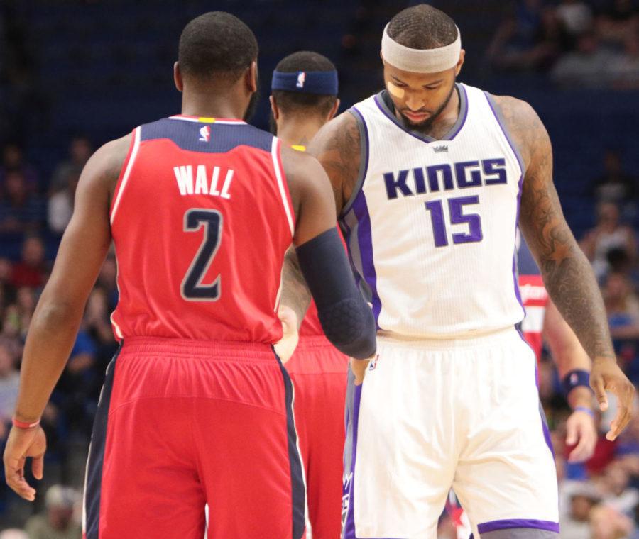 Demarcus Cousins and John Wall shake hands before the Sacramento Kings game against the Washington Wizards on Saturday, October 15, 2016 in Lexington, Ky.