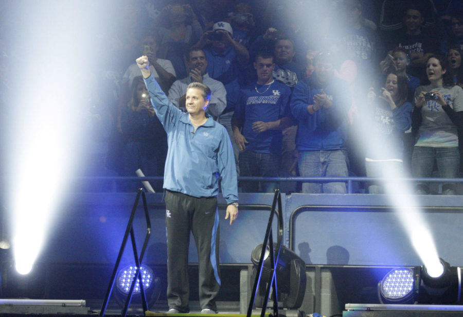 John Calipari, head coach of the wildcats, making his entrance during Big Blue Madness on Friday, Oct. 12, 2012. Photo by Latara Appleby | Staff