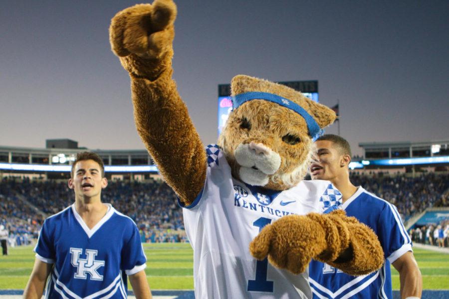 The Wildcat and cheerleaders pump up the crowd before Vanderbilts final play during UKs homecoming game at Commonwealth Stadium on Saturday, October 8, 2016, in Lexington, Ky. Kentucky beat Vanderbilt 20 to 13. Photo by Joshua Qualls | Staff