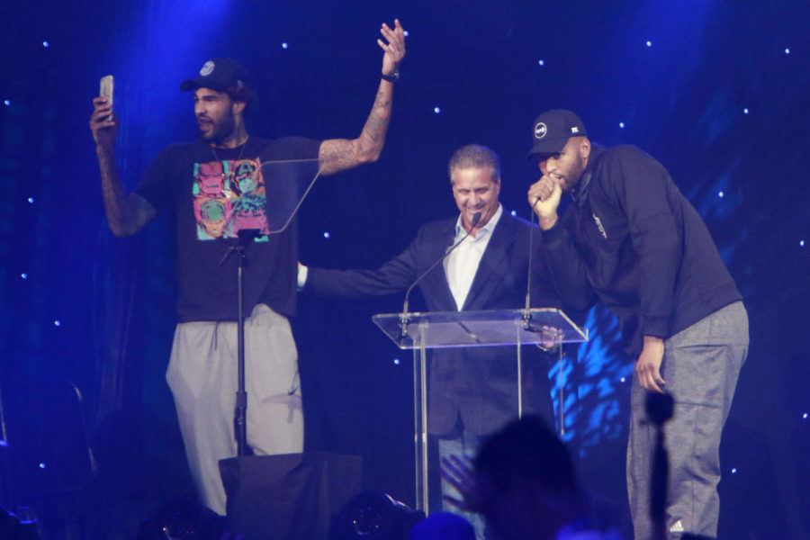 Former Wildcats Willie Cauley-Stein (left) and Demarcus Cousins (right) join head coach John Calipari on stage during Big Blue Madness on Friday, October 14, 2016 in Lexington, Ky. Photo by Hunter Mitchell | Staff