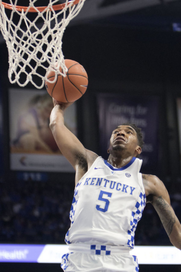 Freshman guard Malik Monk dunks the ball during the game against Asbury on Sunday, November 6, 2016 in Lexington, Ky. Photo by Hunter Mitchell | Staff