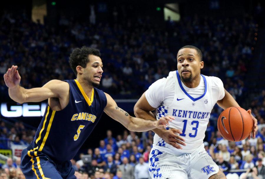 Sophomore forward Isaiah Briscoe (13) keeps the ball from Canisius during the game against Canisius at Rupp Arena on Sunday, November 13, 2016 in Lexington, Ky. Wildcats won 93-69. Photo by Lydia Emeric | Staff 