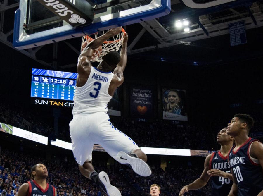 Freshman forward Edrice Adebayo dunks the ball during the game against Duquesne at Rupp Arena on Sunday, November 20, 2016 in Lexington, Ky. Kentucky won 93-59. Photo by Lydia Emeric | Staff 