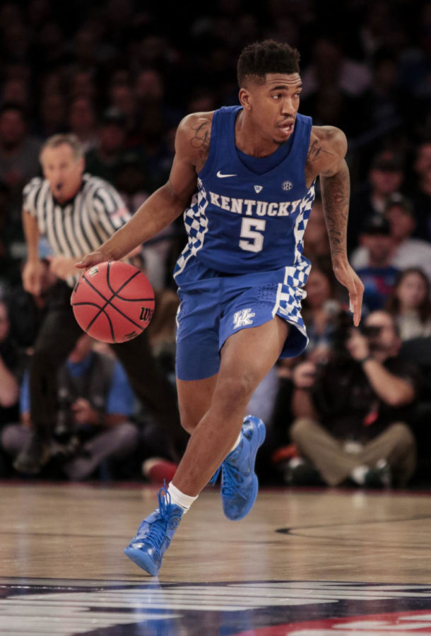 Kentucky guard Malik Monk dribbles the ball down the court during the game against the Michigan State Spartans at Madison Square Garden on November 15, 2016 in New York, NY.