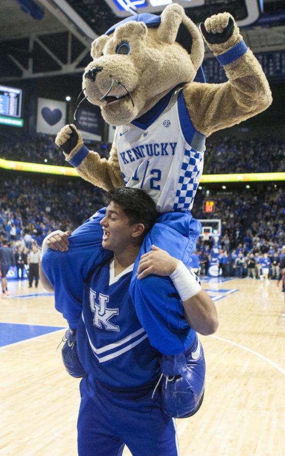 Scratch+dances+with+the+cheerleaders+prior+to+the+Wildcats+game+against+the+UT+Martin+Skyhawks+at+Rupp+Arena+on+November+25%2C+2016+in+Lexington%2C+Kentucky.