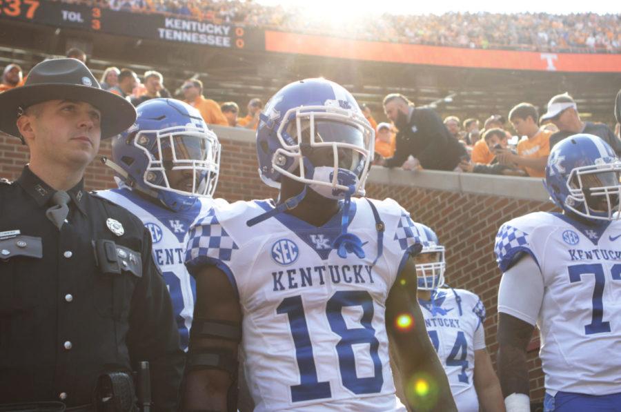 Kentucky running back Stanley Williams enters the field prior to the game against Tennessee at Neyland Stadium in Nashville, Ky. on Saturday, November 12, 2016. Photo by Josh Mott | Staff.