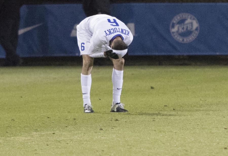 Senior+Kaelon+Fox+buries+his+head+in+disappointment+after+the+game+against+Creighton+on+Sunday%2C+November+20%2C+2016+in+Lexington%2C+Ky.+Kentucky+lost+the+match+3-2.+Photo+by+Carter+Gossett+%7C+Staff