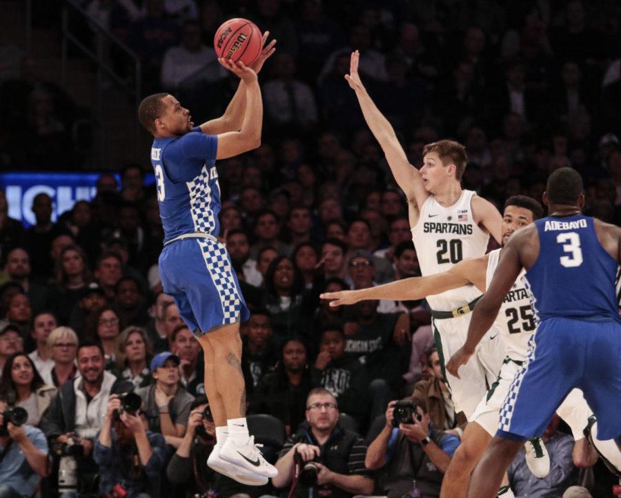 Kentucky+guard+Isaiah+Briscoe+shoots+a+three+point+shot+during+the+game+against+the+Michigan+State+Spartans+at+Madison+Square+Garden+on+November+15%2C+2016+in+New+York%2C+NY.