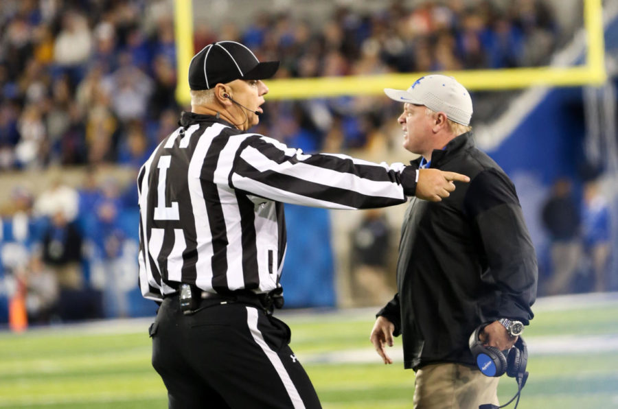 Head Coach Mark stoops gets angry at the ref during the game against the Georgia Bulldogs at Commonwealth on Saturday, November 5, 2016 in Lexington, Ky. Georgia Bulldogs defeated Kentucky 27-24. Photo by Lydia Emeric | Staff 
