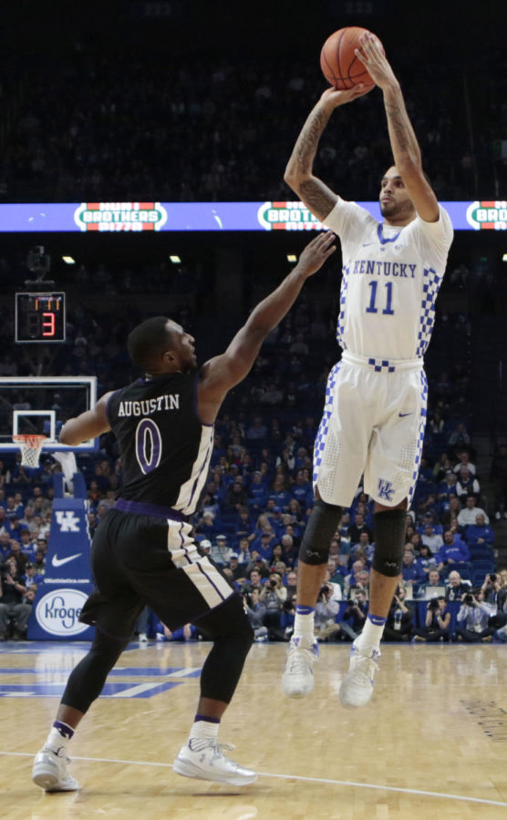Senior guard Mychal Mulder goes up for a shot during the game against Stephen F. Austin on Friday, November 11, 2016 in Lexington, Ky. Photo by Carter Gossett | Staff