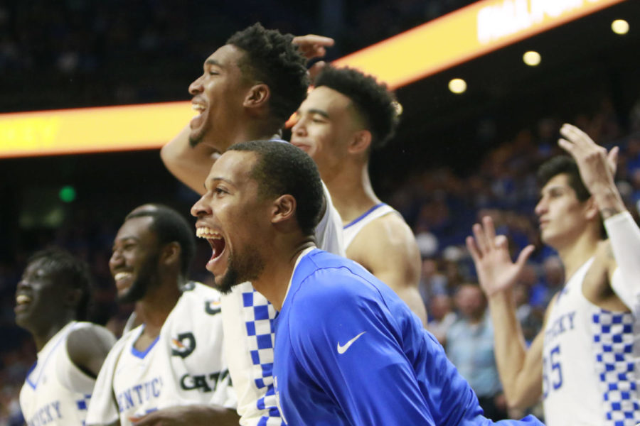 Members+of+the+University+of+Kentucky+mens+basketball+team+celebrate+Brad+Caliparis+three-pointer+during+the+game+against+Clarion+on+Sunday%2C+October+30%2C+2016+in+Lexington%2C+Ky.+Photo+by+Hunter+Mitchell+%7C+Staff