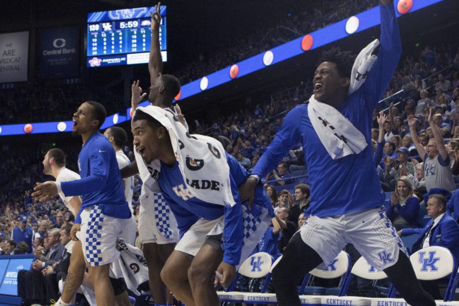 Members of Kentuckys bench stand up and celebrate during the game against Asbury on Sunday, November 6, 2016 in Lexington, Ky. Photo by Hunter Mitchell | Staff