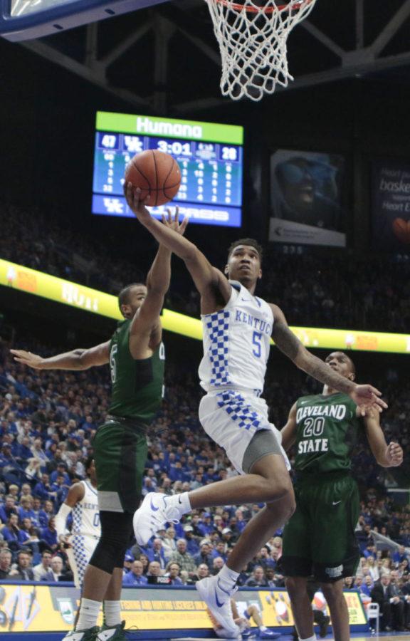 Freshman guard Malik Monk goes for a layup during the game against Cleveland State on Wednesday, November 23, 2016 in Lexington, Ky. Photo by Carter Gossett | Staff