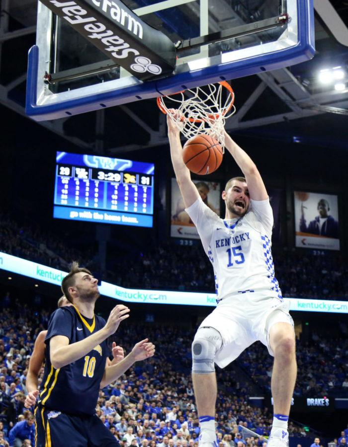 Sophomore forward Isaac Humphries (15) dunks the ball during the game against Canisius at Rupp Arena on Sunday, November 13, 2016 in Lexington, Ky. Wildcats won 93-69. Photo by Lydia Emeric | Staff 