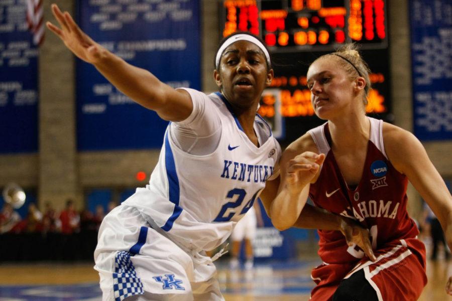 Guard Taylor Murray (24) defends an Oklahoma player during the game against the Oklahoma Sooners on Monday, March 21, 2016 in Lexington, Ky. Photo by Hunter Mitchell | Staff