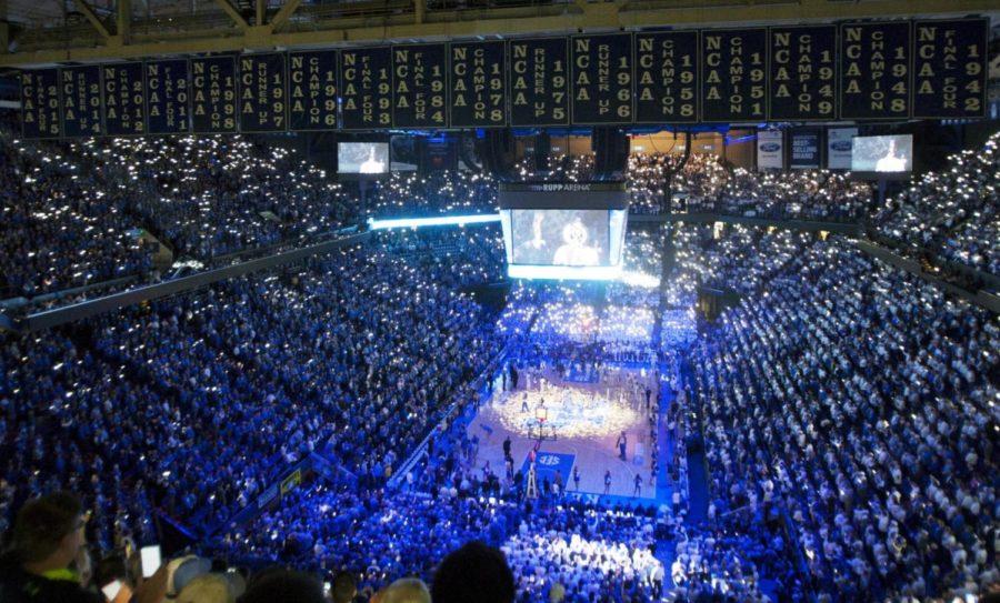 The Rupp Arena crowd shines lights during the pregame lineups prior to the Wildcats' game against the UCLA Bruins on Saturday, December 3, 2016 in Lexington, Ky.